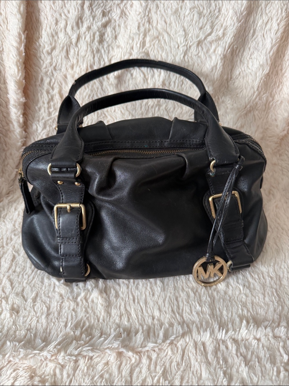 Michael Kors Black Leather Satchel with Gold-Tone Hardware